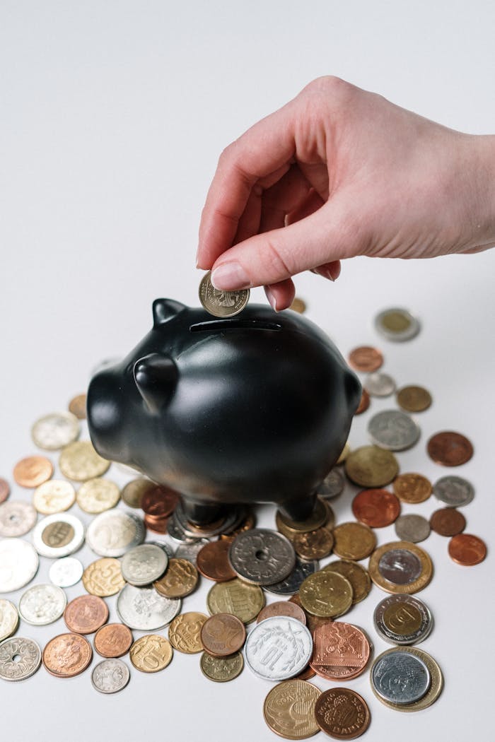 about-01 Hand inserting coin into a black piggy bank surrounded by various coins, symbolizing savings.