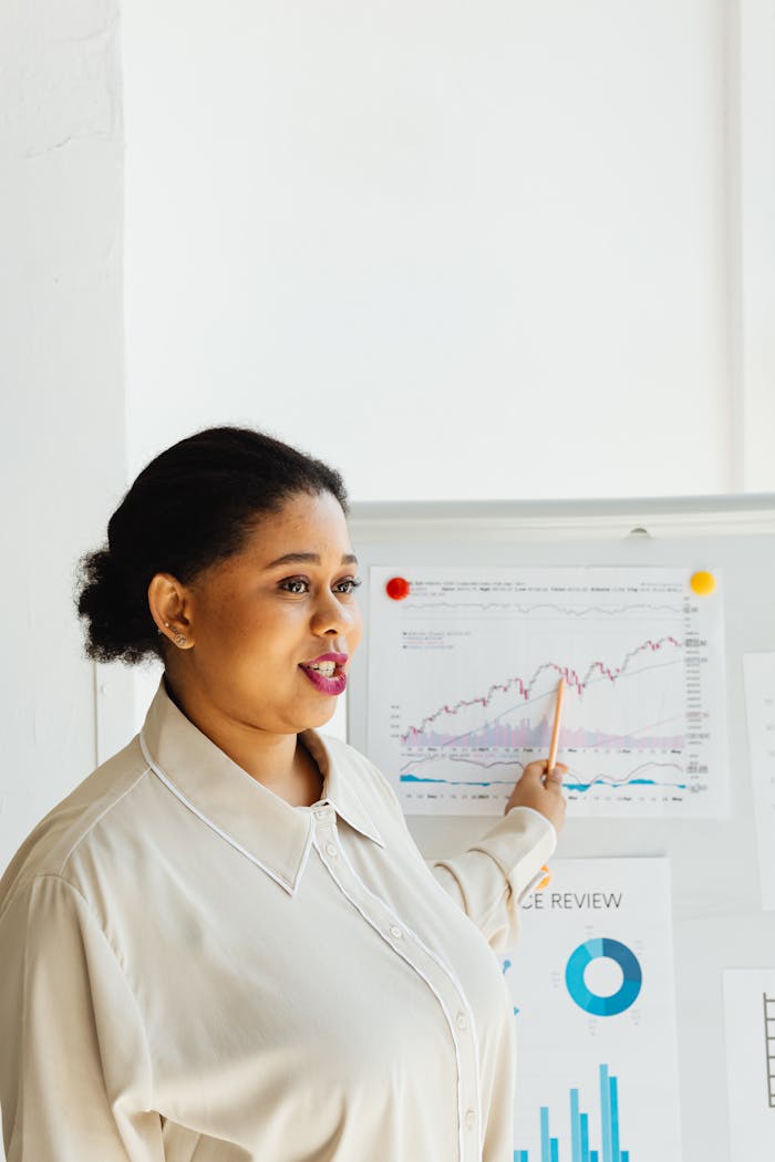 African American woman discussing stock market trends with charts and graphs on a whiteboard.